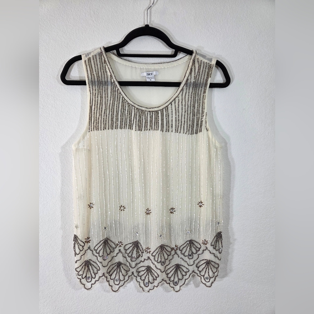 BAR III Cream Beaded Embellished Sheer Elegant Sleeveless Dressy Tank Blouse
